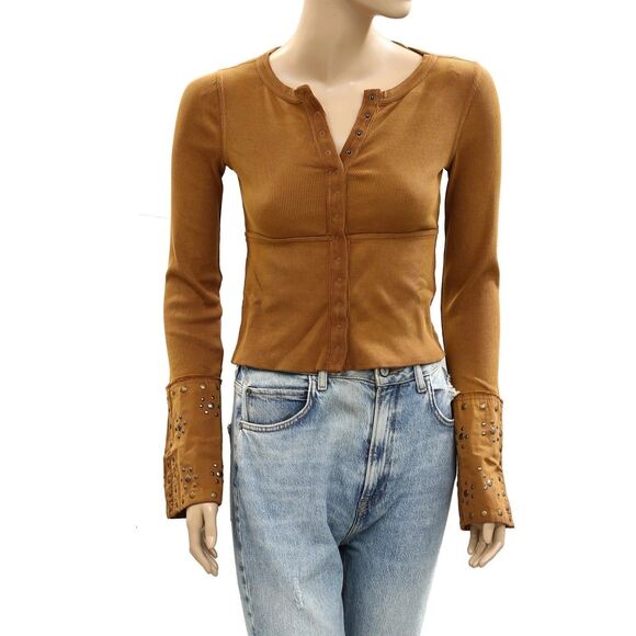 Free People We The Free Night Belle Cuff Cropped Blouse Top Studded XS 284324 - Picture 8 of 12